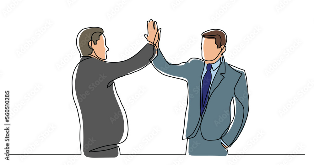 Poster continuous line drawing of two cheerful professionals giving high five colored - png image with tran