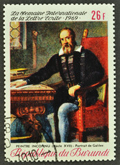 Cancelled postage stamp printed by Burundi, that shows painting Portrait of Galilee, International...