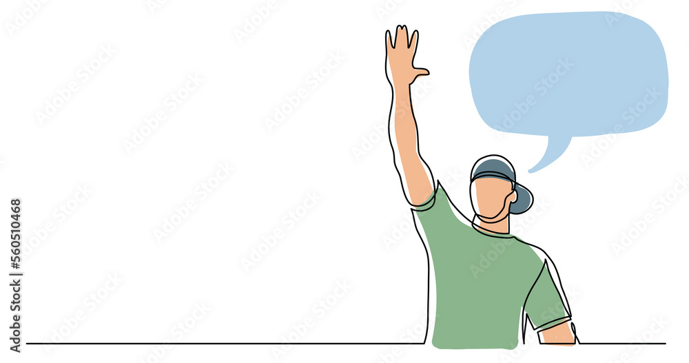 Poster continuous line drawing of young healthy man in cap giving high five with speech bubble colored - pn