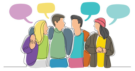 four close friends walking together talking with speech bubbles colored - PNG image with transparent background
