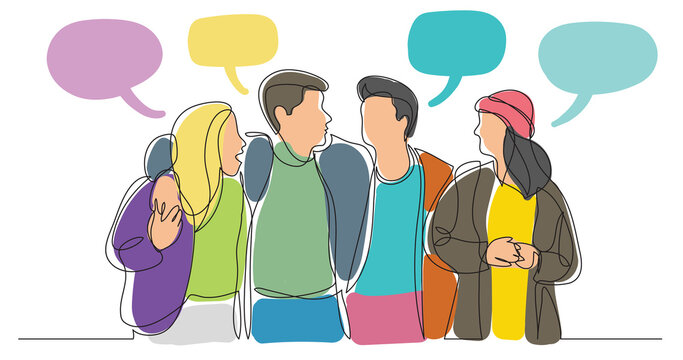 four close friends walking together talking with speech bubbles colored - PNG image with transparent background