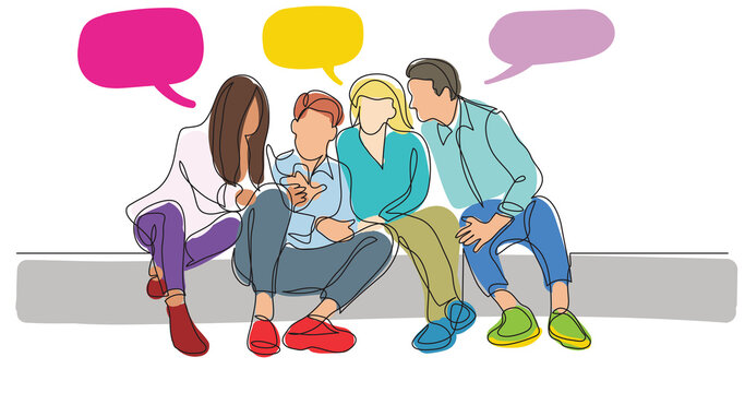 group of friends talking watching mobile phone with speech bubbles colored - PNG image with transparent background