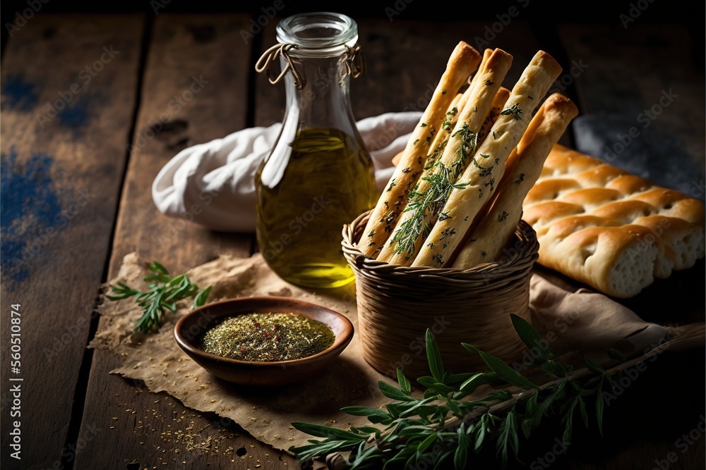 Poster  a basket of bread sticks and a bottle of olive oil on a table with herbs and breadsticks on a napkin on a wooden table top with a napkin and a bottle of olive oil. generative ai