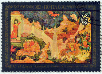 Cancelled postage stamp printed by Soviet Union, that shows painting Tale of the Golden Cockerel,...