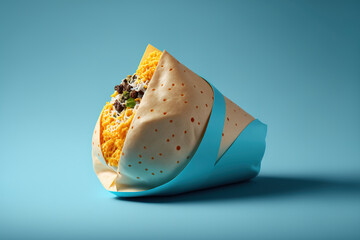 of a burrito on a blue background. Generative AI - obrazy, fototapety, plakaty