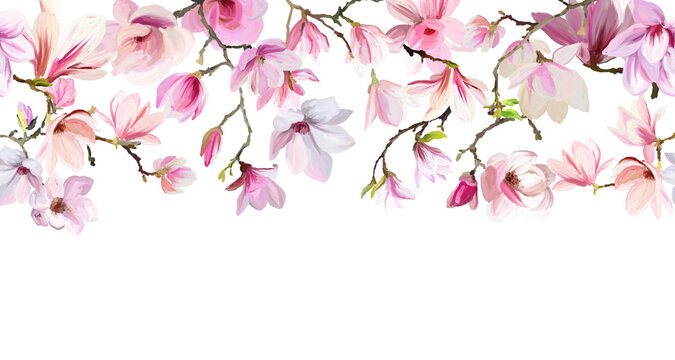 Border of magnolia flowers. Spring floral template
