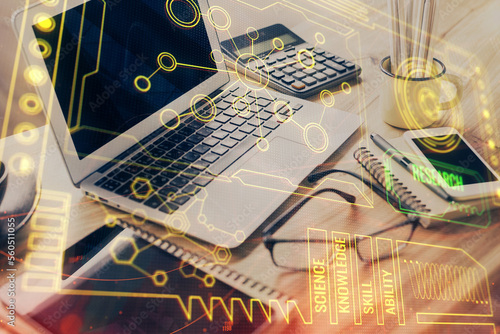 Poster Double exposure of table with computer on background and data theme drawing. Concept of innovation.