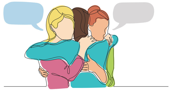 three female friends greeting hugging each other with speech bubbles colored - PNG image with transparent background
