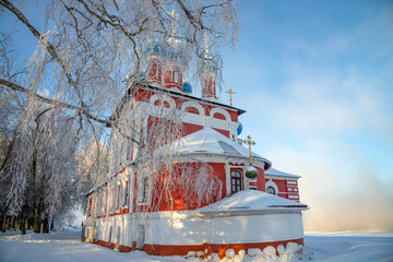 Naklejka premium Church of Tsarevich Demetrius on the Blood in the winter landscape. Uglich, Yaroslavl region. Golden Ring of Russia