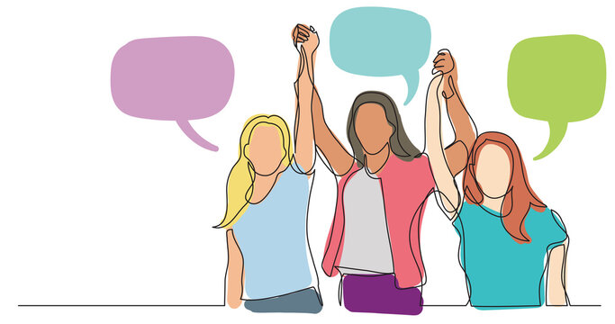 women team of winners holding hands with speech bubbles colored - PNG image with transparent background
