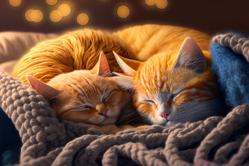 Cat kitten sleeping Ginger kitten on sofa with knit blanket covering it. Hugging and cuddling two cats. Household pet. Sleep and a relaxing snooze. family pet little kittens. hilarious and cute kittie - obrazy, fototapety, plakaty