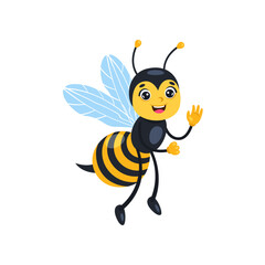Funny bee cartoon character waving vector illustration. Cute flying comic mascot isolated on white background. Insects, nature concept
