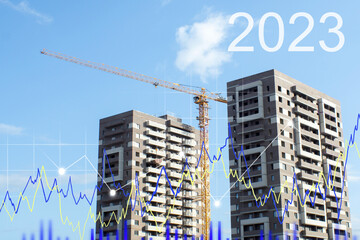 Construction crane, with a schedule of housing growth, mortgages, 2023. Graph new construction...
