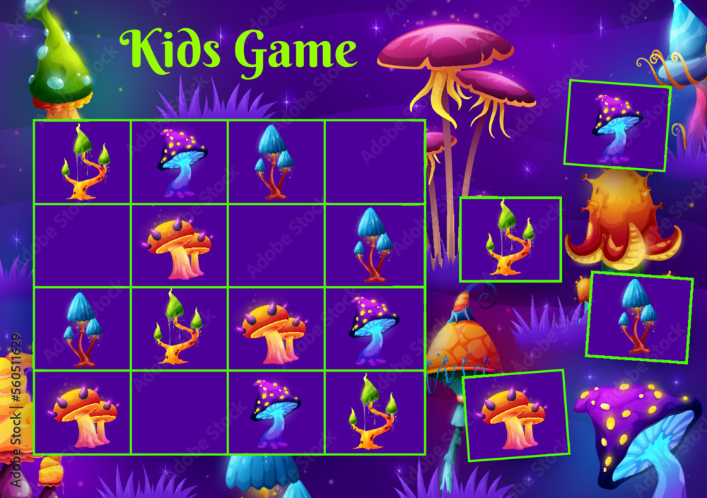 Poster Sudoku kids game. Magic mushrooms in fairy forest. Children logical quiz vector worksheet, kids educational riddle or educational rebus puzzle with luminous fantasy mushrooms or alien planet fungi