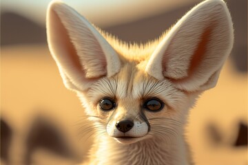  a small fox with a big ears and a blue eyes is looking at the camera with a blurry background of sand dunes and a sky and sand dunes in the background is also a.