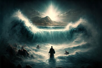 Biblical scene: Moses and his followers on the shore of the Red Sea, vision of a glowing cross above the waves - obrazy, fototapety, plakaty