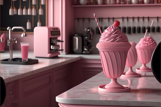 Vintage American ice cream parlour with pink stools at the bar. Pink bar  counter. Cute pink cafe concept. Generative AI. Stock Illustration