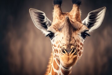  a giraffe with a very long neck and a very long nose with a black background and a brown background with a white spot in the middle of the head of the giraffe.