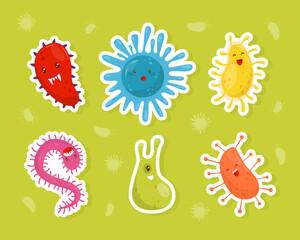 Funny Germs and Bacteria with Cute Face Vector Sticker Set