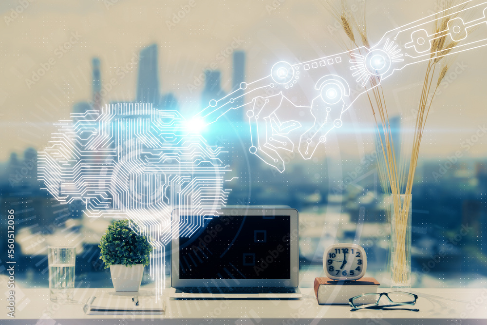 Poster double exposure of desktop with computer and brain drawing hologram. artificial intelligence concept