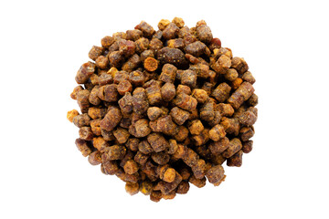 Heap of bee perga, bee pollen granules isolated on white background, top view. Bee pollen, perga...