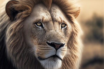 Naklejka premium a lion with a very large mane and blue eyes looking at the camera with a blurry background of trees and bushes in the background, with a soft light, with a soft,.