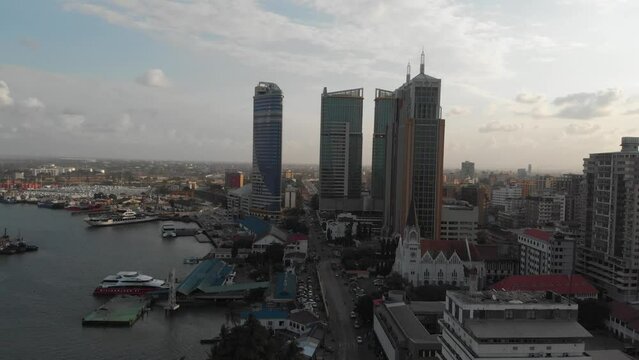 Dar Es Salam drone video and skyline Tanzania, East-Africa. African capital city of Dar essalam.