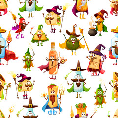 Obraz na płótnie Canvas Mexican tex mex food characters seamless pattern. Mexican fast food personages backdrop. Fabric background with jalapeno pepper, avocado and tequila, enchilada and nachos, burrito and taco