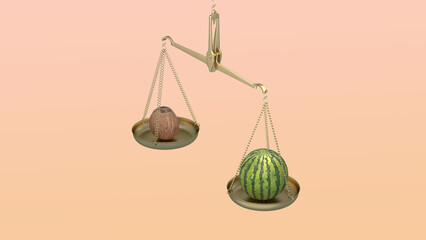 gold scale with the balancing watermelon and coconut. 3D concept art