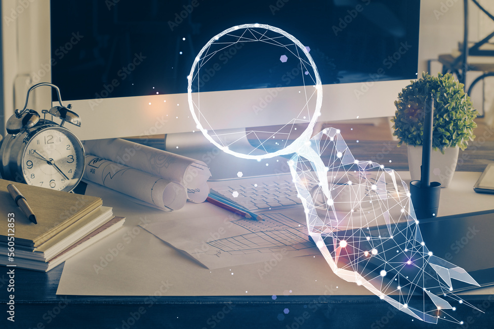 Poster desktop computer background in office and start up theme hologram drawing. double exposure. startup 