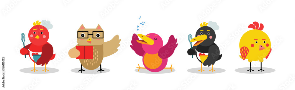 Poster funny bird characters with wings and beaks vector set