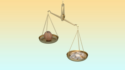 gold scale with the balancing bitcoin coin and coconut. 3D concept art