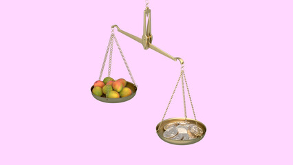 gold scale with the balancing gold bitcoin coins and mangos. 3D concept art