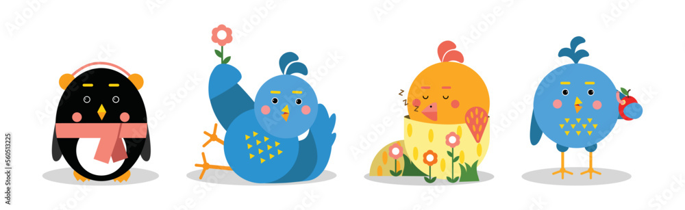 Poster funny bird characters with wings and beaks vector set