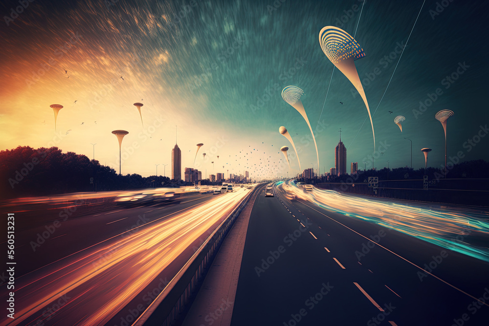 Poster flying digital signals above a freeway. electronic transformation the internet of things. generative