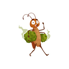 Cartoon cockroach character carry stinky garbage. Isolated vector insect, funny pest game or book personage stockpile, wildlife creature