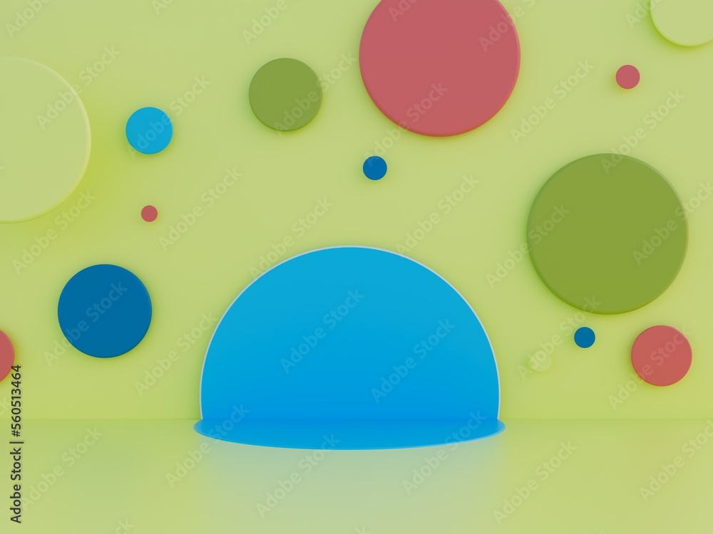 Poster abstract background consisting of multi-colored circles and a podium for placing goods on a yellow b