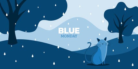 Cute cat on Blue Monday landscape