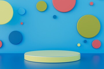 abstract background consisting of multi-colored circles and a podium for placing goods on a blue background. 3D render