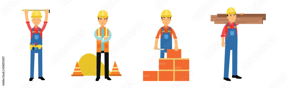 Poster man builder and construction worker in hard hat and overall working at site vector set