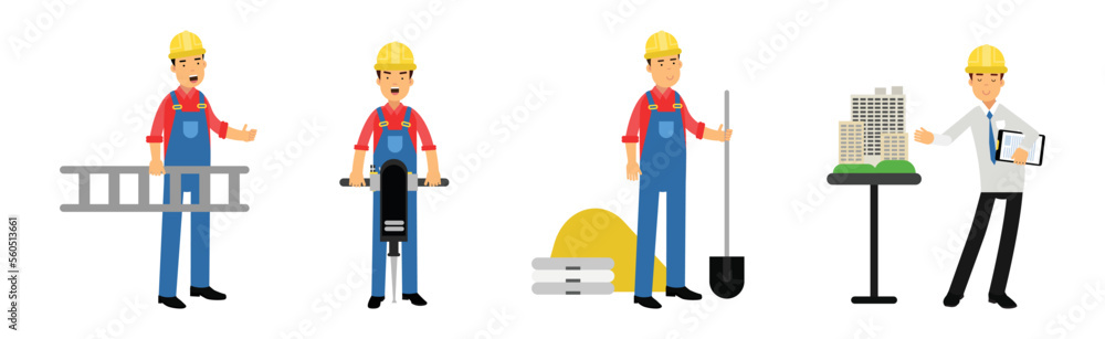 Poster man builder and construction worker in hard hat and overall working at site vector set