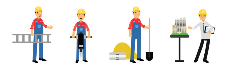 Man Builder and Construction Worker in Hard Hat and Overall Working at Site Vector Set