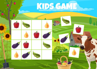 Sudoku kids game farm animals, fruits and vegetables. Vector riddle worksheet with cartoon pear, bell pepper, green peas and eggplant chequered board. Educational task, crossword teaser, boardgame