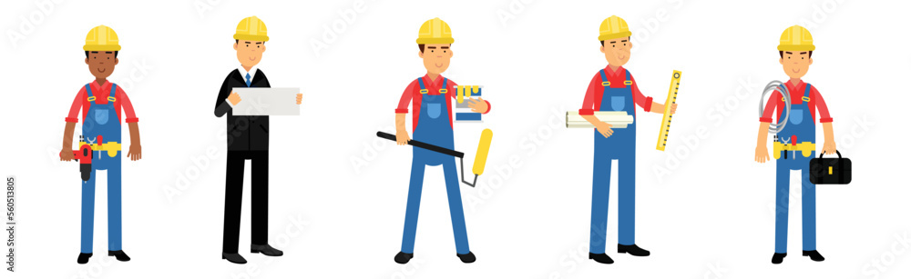 Poster man builder and construction worker in hard hat and overall working at site vector set