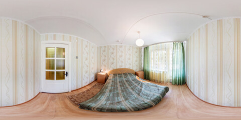 seamless 360 panorama in interior of bedroom of cheap hostel,  flat or apartments with chairs and...