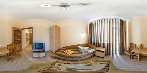 seamless 360 panorama in interior of bedroom of cheap hostel,  flat or apartments with chairs and...