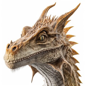 Close up of the head of a magestic dragon isolated on a white background