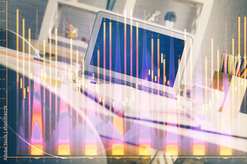 Aufkleber Financial chart drawing and table with computer on background. Multi exposure. Concept of international markets.