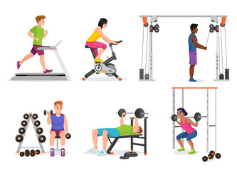 Fototapeta na wymiar Set of people working out on machines and with weights isolated on white background. A man and a woman train in a gym. A treadmill, dumbbells, a bike, a barbell, etc. Cartoon style vector illustration