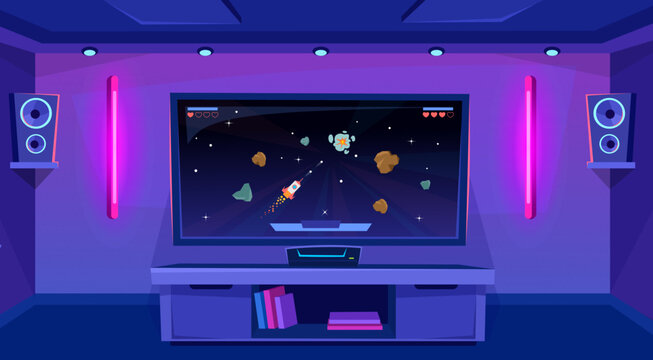 Gaming setup with a big screen tv on a stand and a console in a gamers room with neon lights and speakers. Playing shooting arcade with a spaceship and asteroids. Cartoon style vector background.